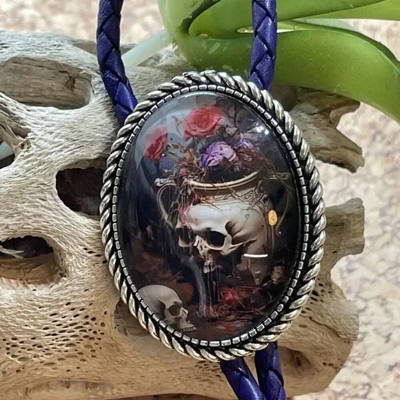 - Gothic Skull Rose Witch Leather Bolo Tie Lariat Necklace Wedding Purple Xmas - Picture 8 of 16